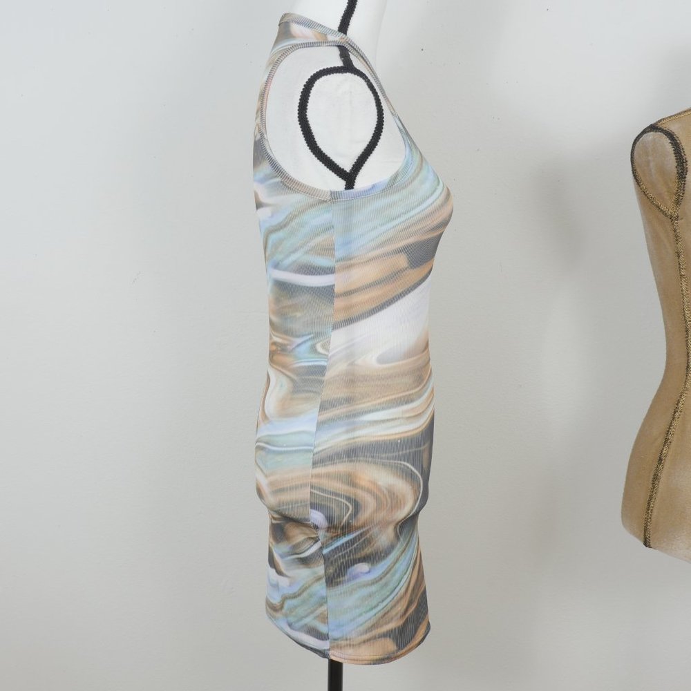 Pretty Little Thing Blue Brown Green Marble Design Size 4 Sleeveless Mini Dress - Picture 6 of 11